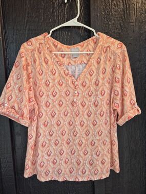 Chico's Coral and White Ikat Henley Tunic